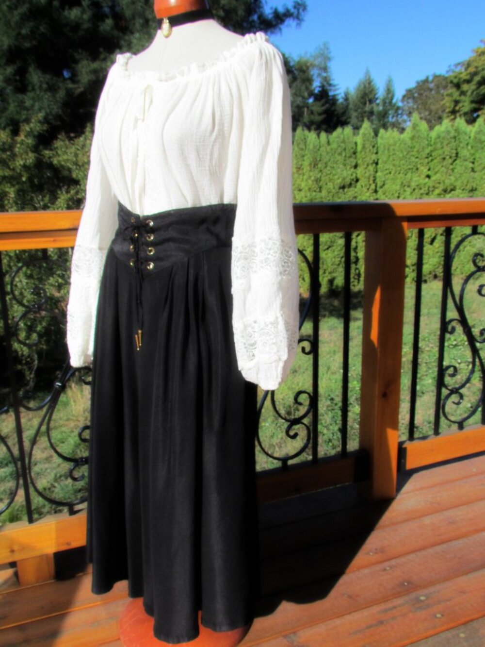 PIRATE COSTUME BLOUSE & SKIRT, WHITE GAUZE w LACE SLEEVES, SKIRT w CORDED WAIST - Picture 2 of 5